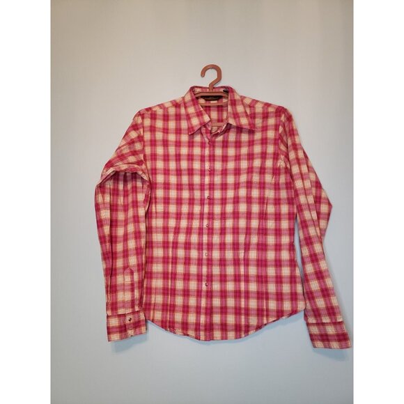 AURA Wrangler Tops - Aura Wrangler Women's Sz M Plaid Pearl Front Top Long Sleeve Pink Yellow